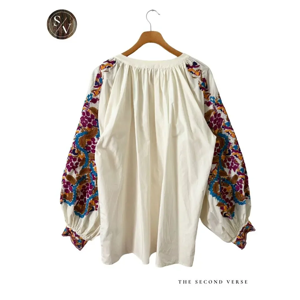 H&M Ivory Cream Embroidered Long Puff Sleeve Women's Top Size 12